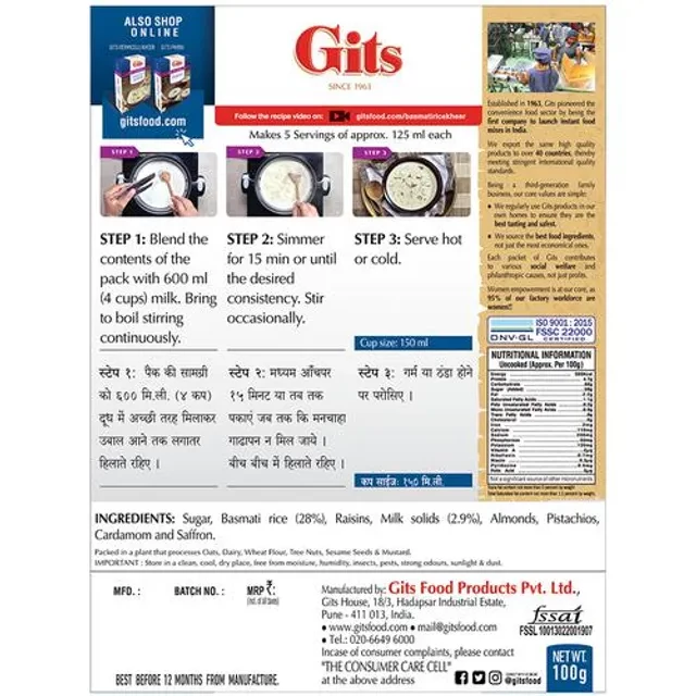 Gits Dessert Mix - Basmati Rice Kheer, 100 g Carton-2.webp